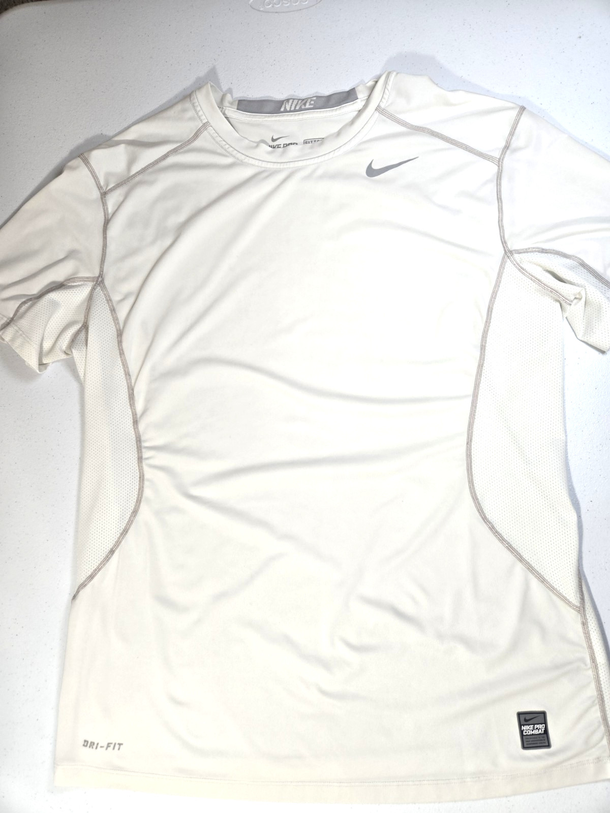 Men’s Nike Fitted Pro Combat Dri-fit Shirt. Off-White/ Tan Trim Size Large gallery