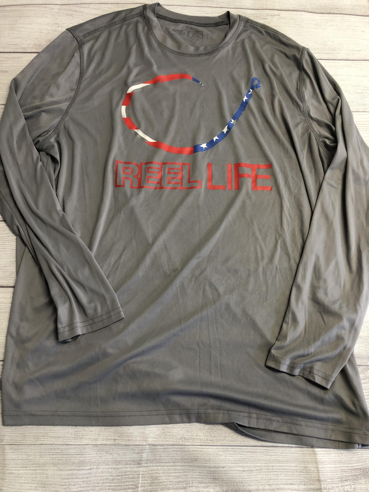Reel Life Shirt Mens 2XL Gray Long Sleeve Patriotic Logo Graphic Fishing Top gallery
