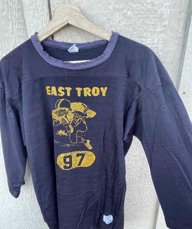 Vintage 70s Champion Thrashed Football Jersey Rayon Size Large Black East Troy gallery