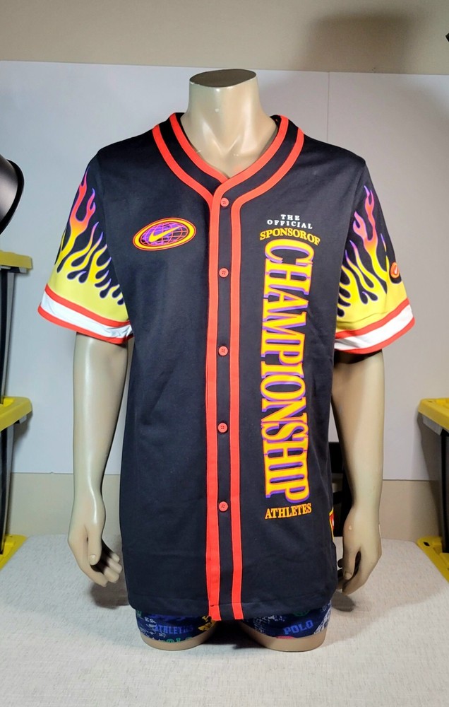NIKE Mens Baseball Jersey Americana Championship Flames Shirt Black Orange XL