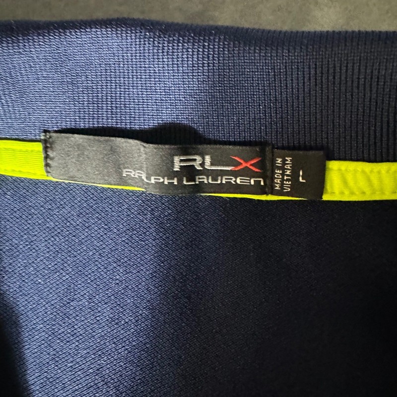 RLX Ralph Lauren Mens Blue Striped Performance Golf Polo Shirt Neon Yellow Large gallery