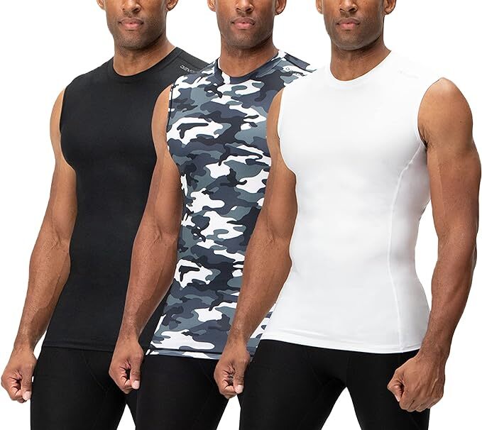 3 Pack Black/Camo/White Men's Baselayer Athletic Compression Shirts Sleeveless