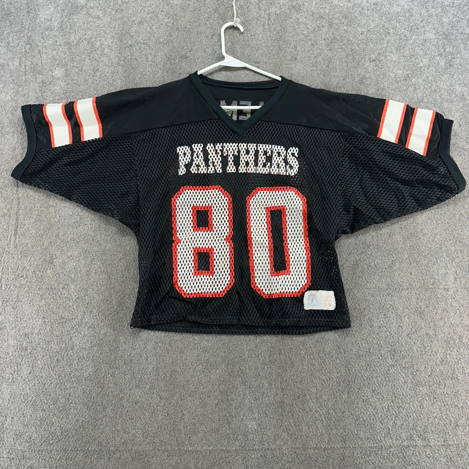 VINTAGE Cable Knit Football Jersey Mens S-M Black Orange Boxy Cropped 90s gallery