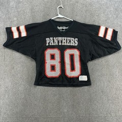 VINTAGE Cable Knit Football Jersey Mens S-M Black Orange Boxy Cropped 90s