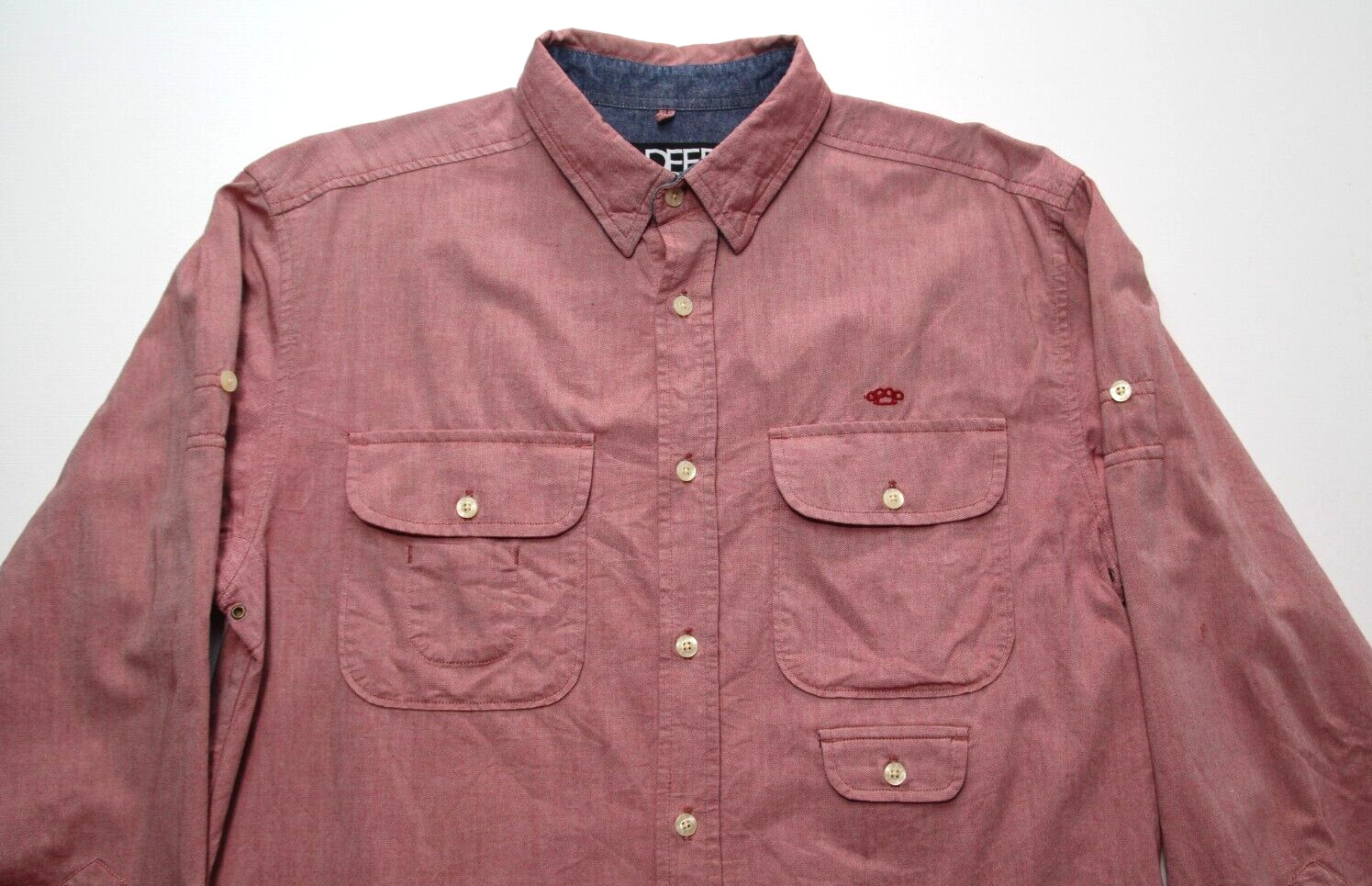 VTG 10 DEEP NYC ~OG BRASS KNUCKLES LOGO~ M CONVERTIBLE OXFORD WORK SHIRT gallery