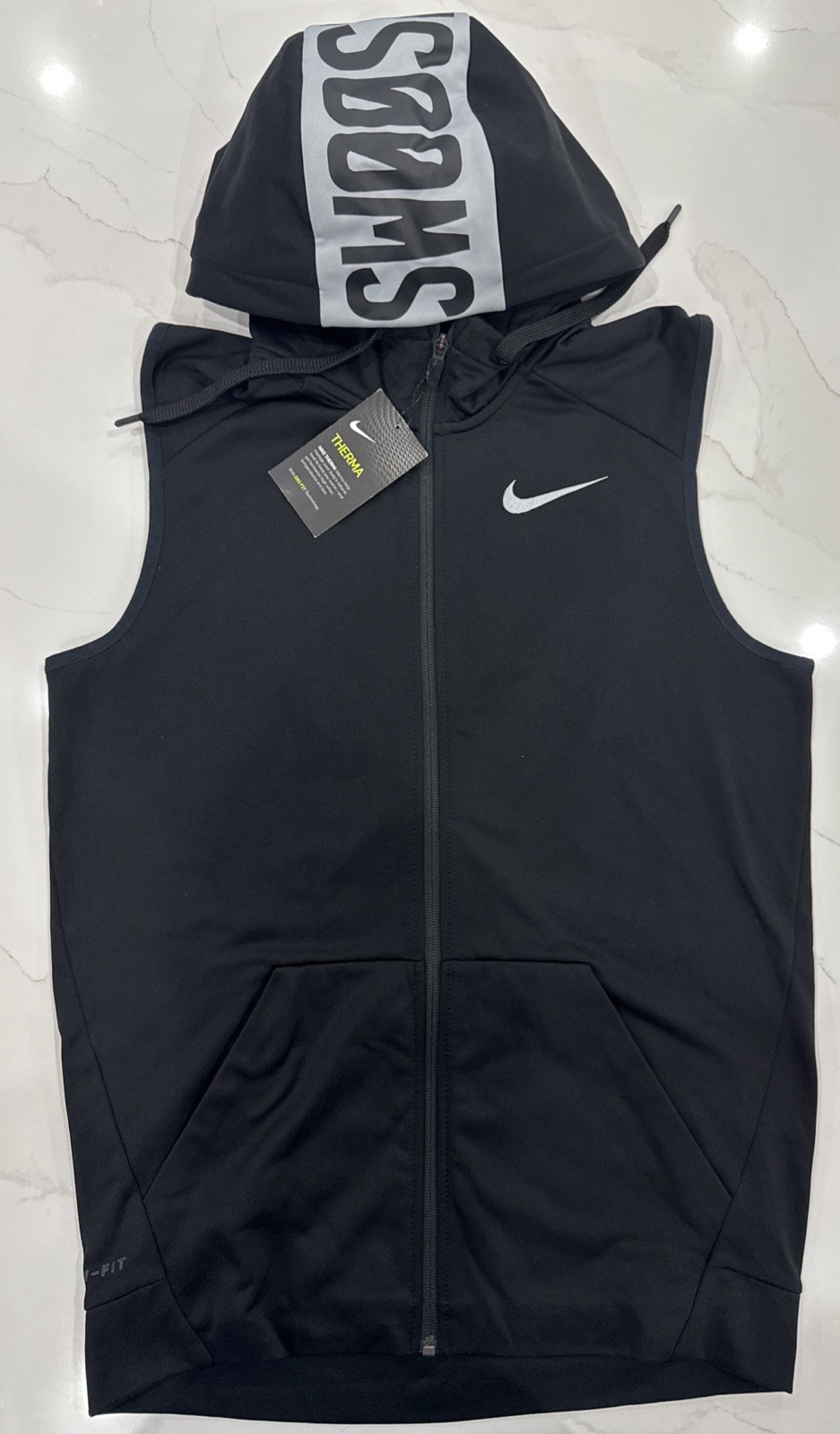 Nike Dri-FIT Sleeveless Full Zip Hoodie Vest Black Swoosh Hood 807769-010 Mens S gallery