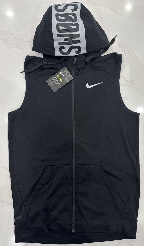 Nike Dri-FIT Sleeveless Full Zip Hoodie Vest Black Swoosh Hood 807769-010 Mens S