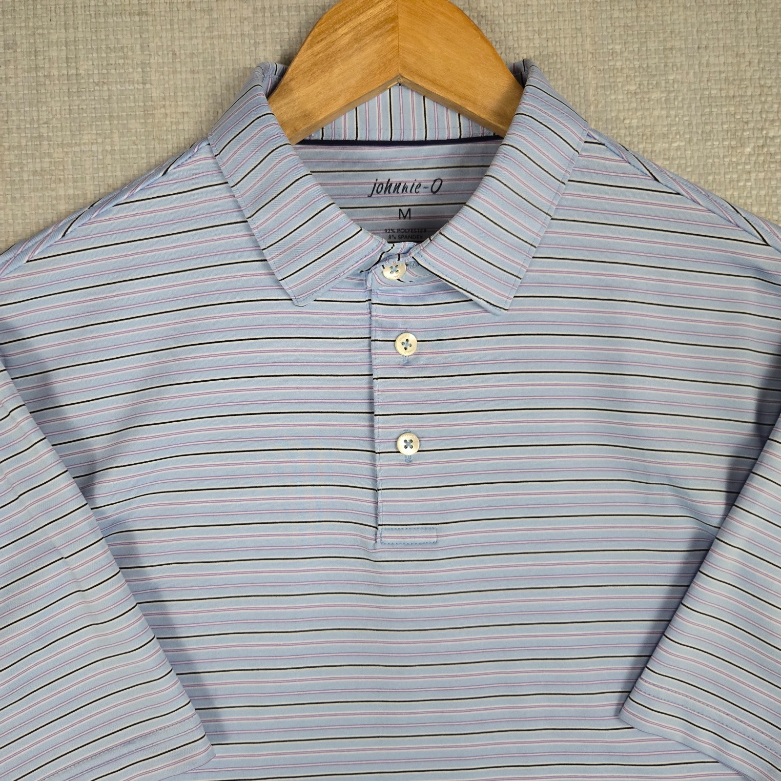 JOHNNIE O Mens Size Medium Performance Polo Shirt Blue Lilac Stripe Wicking Golf gallery