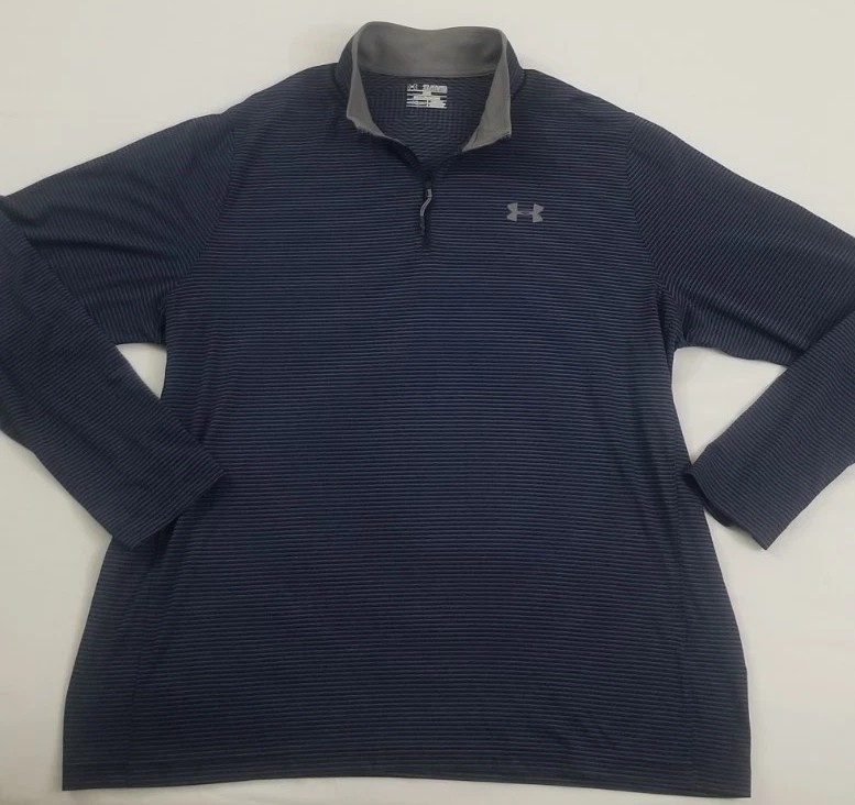 Under Armour Mens Long Sleeve Activewear Pull Over 1/4 Zip Blue Striped Sz 2XL gallery