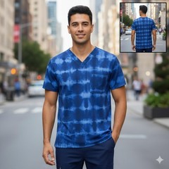 Dickies Mens XL Tie Dye V Neck Scrub Top Short Sleeve Pocket Zipper Blue