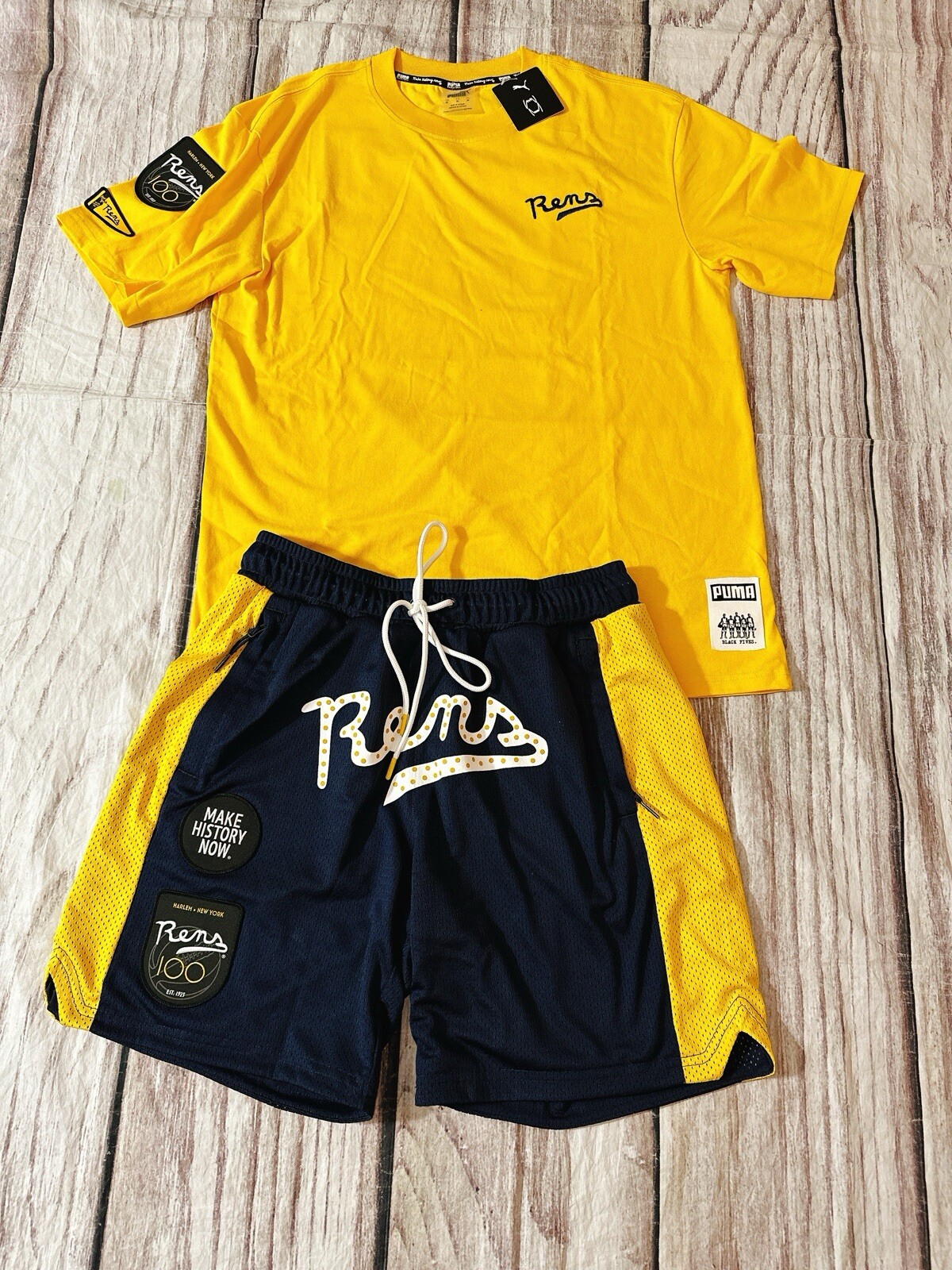 Puma X Black Fives Rens 100 Harlem Basketball Gold 2pcs Tshirt & Shorts Size M gallery