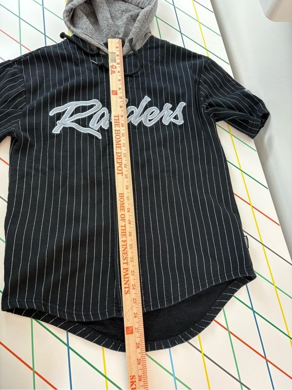 NFL Black Pinstripe Oakland Raiders Hooded Button-Up Jersey XS Good Condition gallery