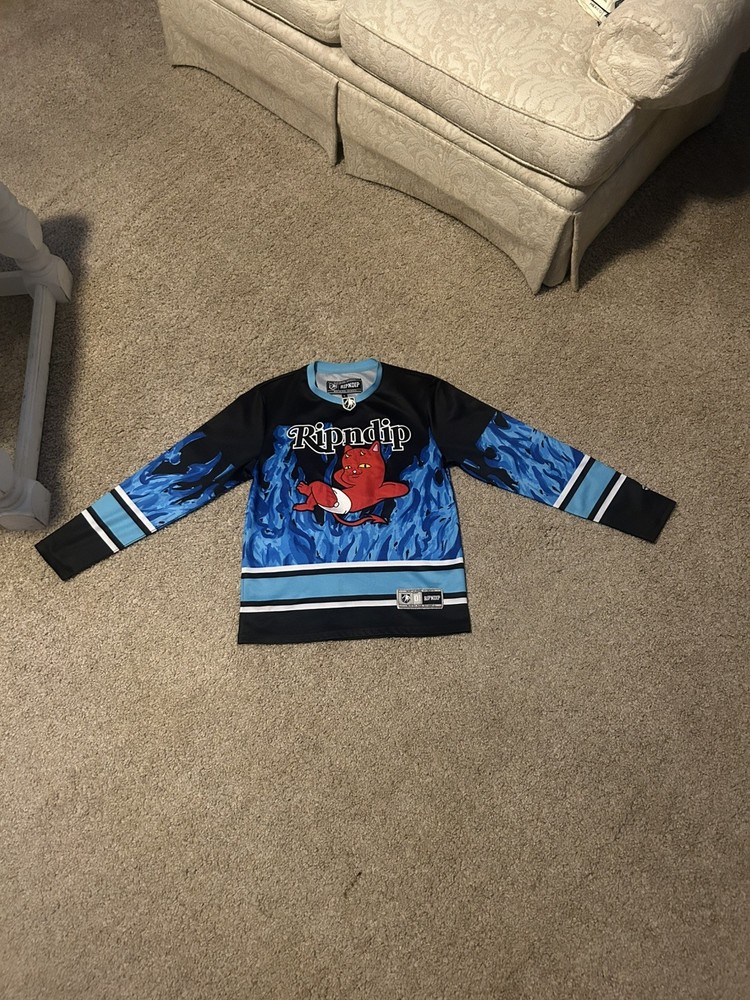 Ripndip Hockey Jersey Mens Small Baby Cat Devil Flamed Design Embroidered Used