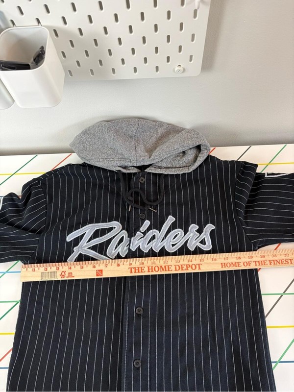 NFL Black Pinstripe Oakland Raiders Hooded Button-Up Jersey XS Good Condition gallery