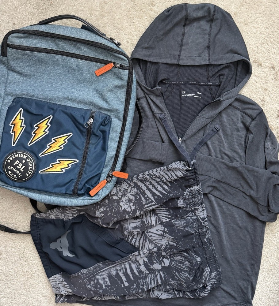 3 Lot Under Armour Threadborne Mens L Hood Shirt Project Rock Shorts Fossil Bag