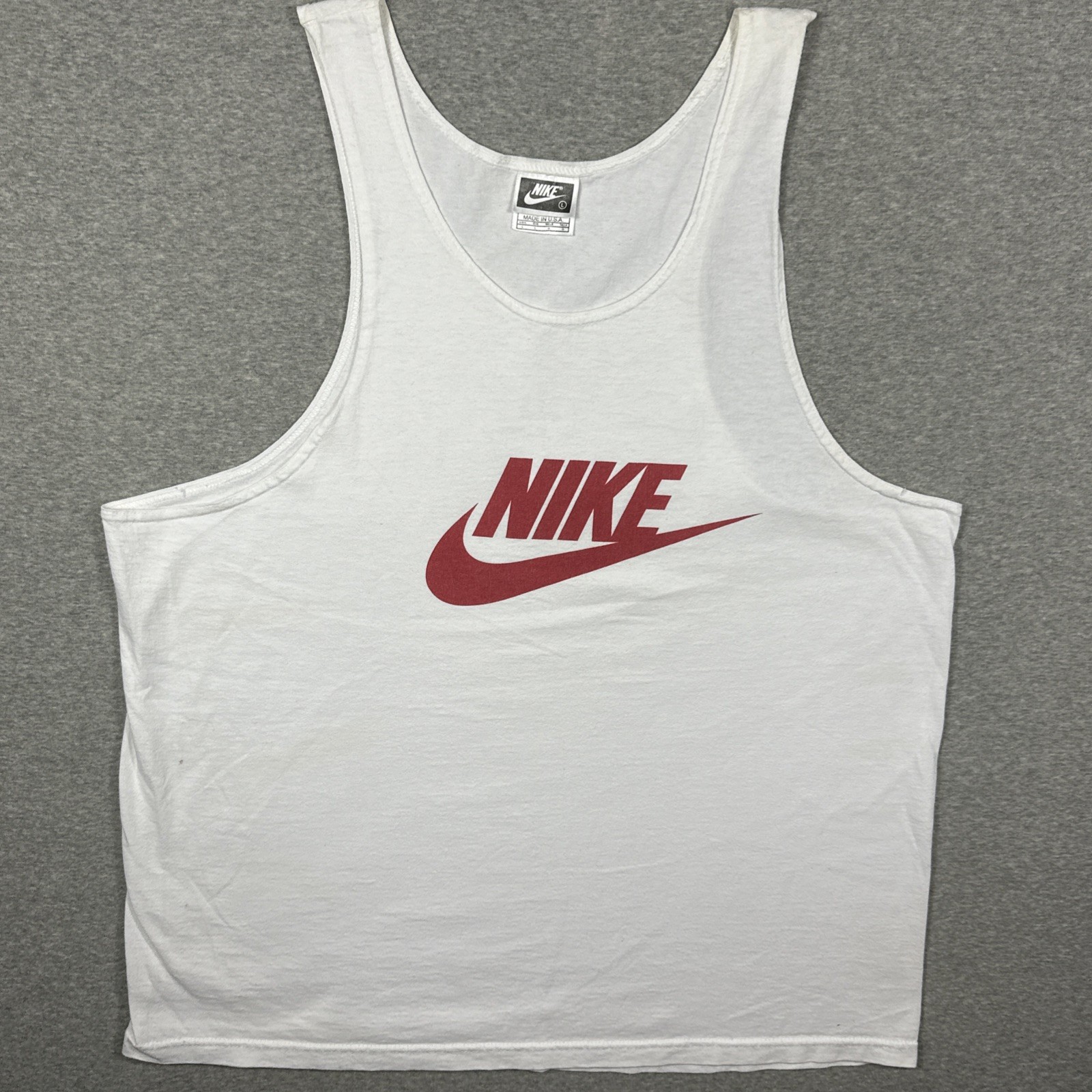 Vintage Nike Tank Top Mens Large Racerback Muscle Gym Lifting Red USA FLAW gallery