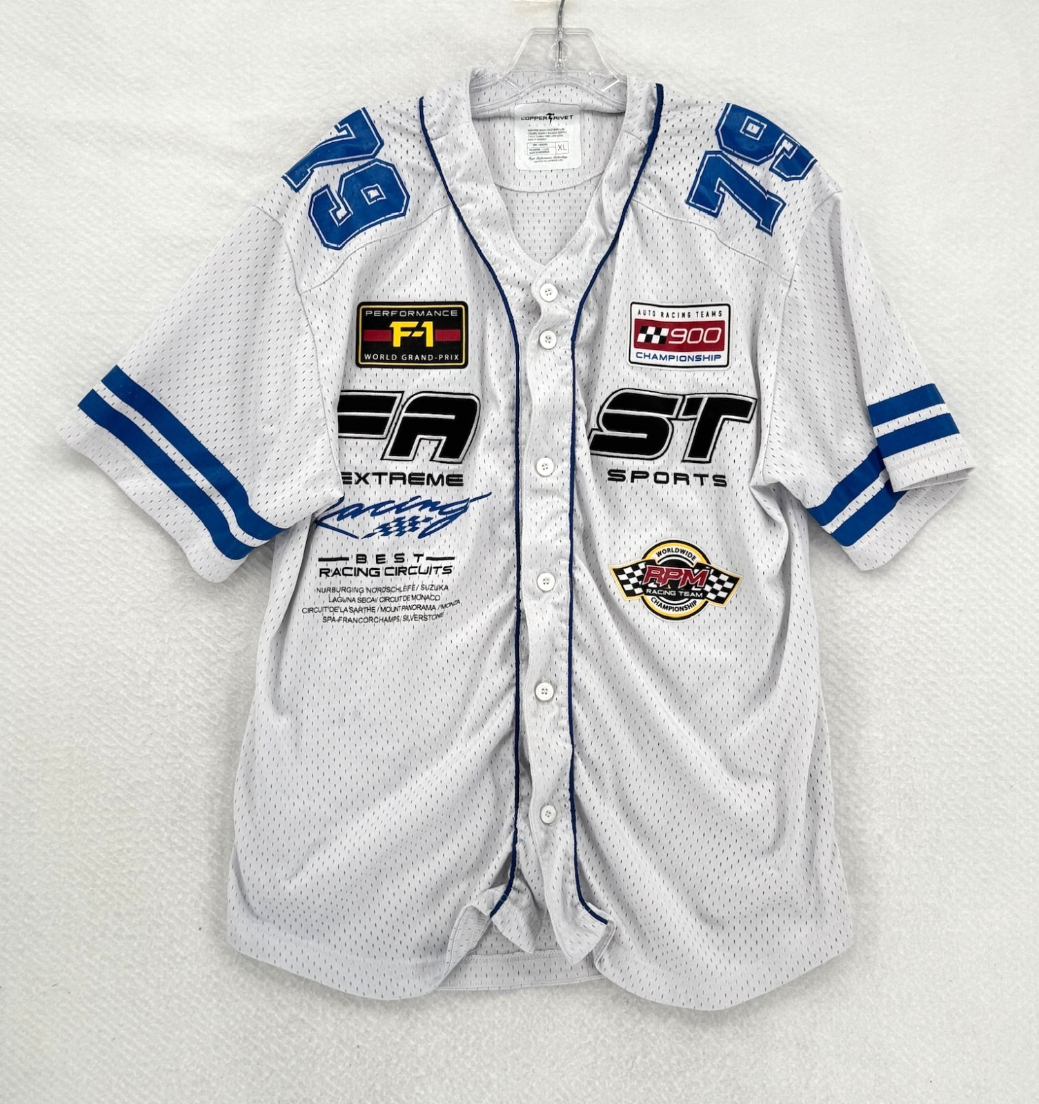 Copper Rivet Racing Fast Extreme Sports Mens White Baseball Jersey Sz XL gallery