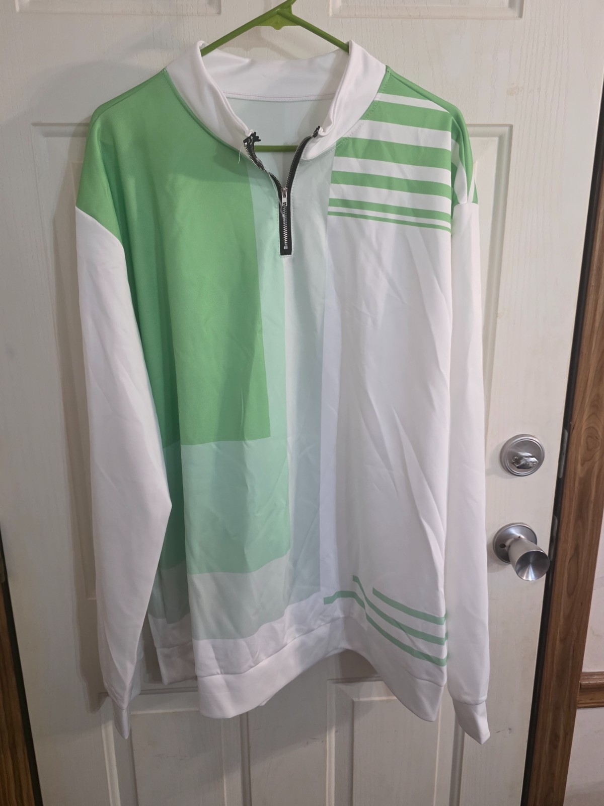 Men's pull over, 3/4 zip, long sleeve color block shirt with green pull on pants gallery