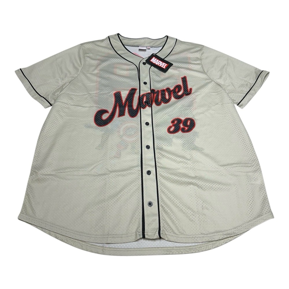 Marvel Baseball Jersey Mens Size 4XL Beige Button Up Shirt Hulk Iron Man Captain