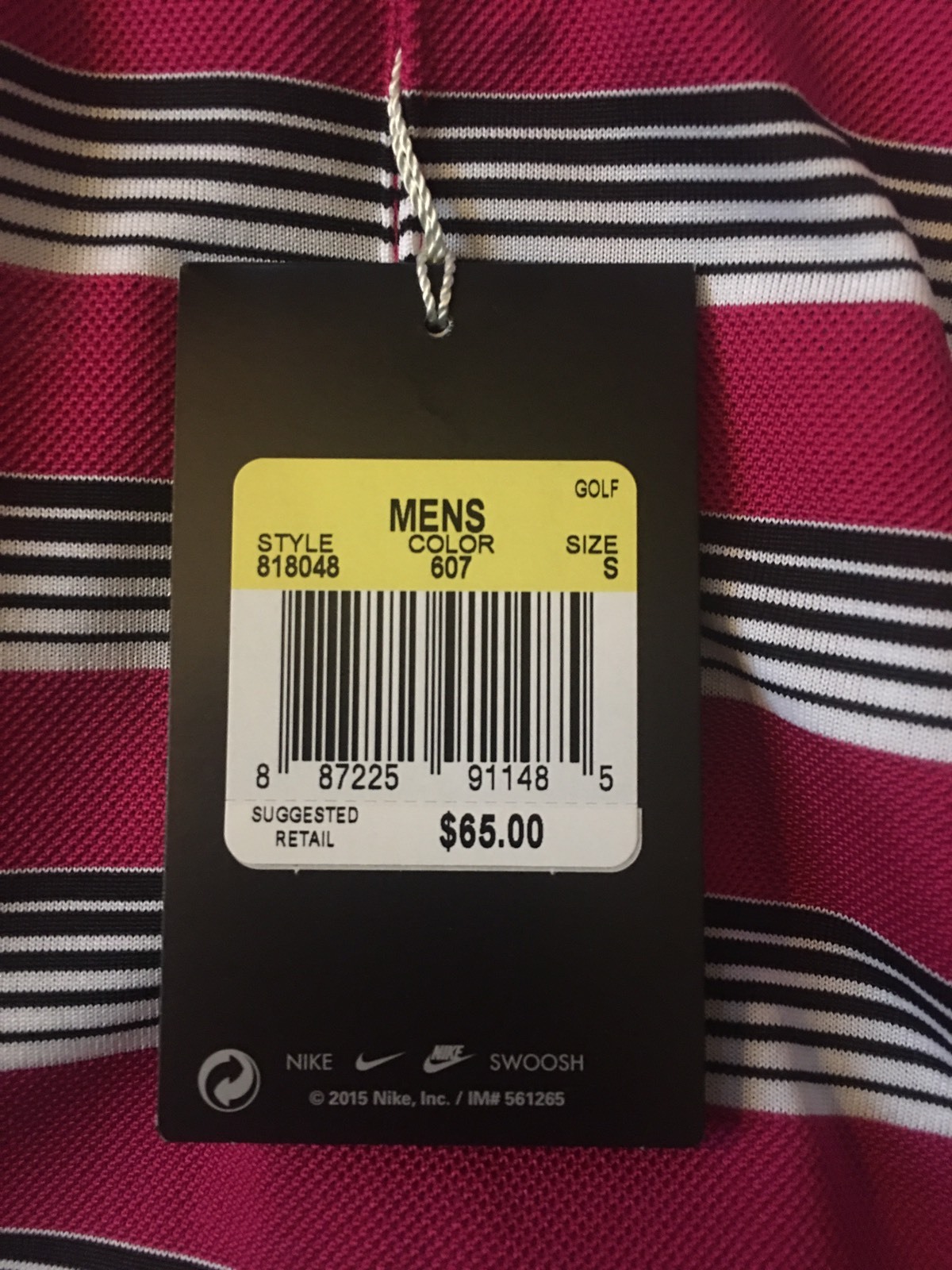 NWT $65 NIKE Golf Mens Polo Tech Dri Fit Pink/ White/Black Striped ~small gallery