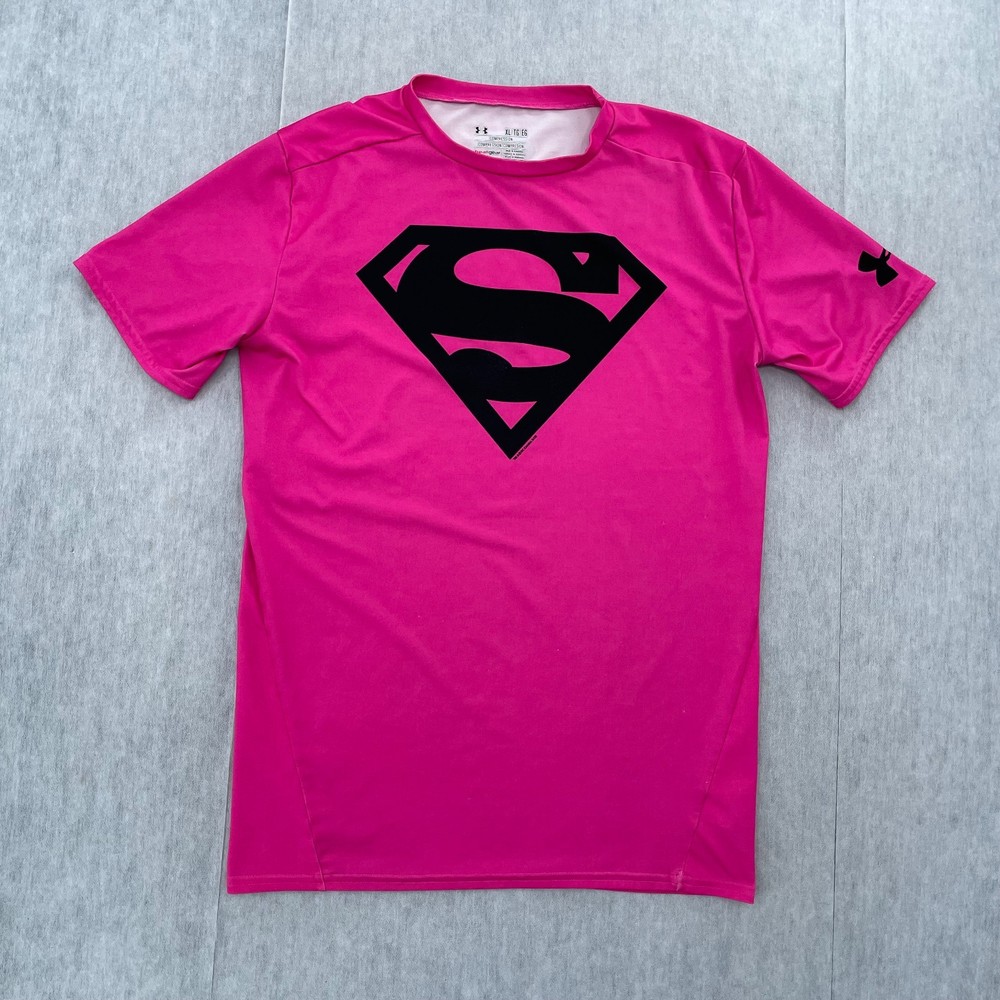 Under Armour Superman Compression Shirt Adult XL Pink Alter Ego Logo Tee Gym Men