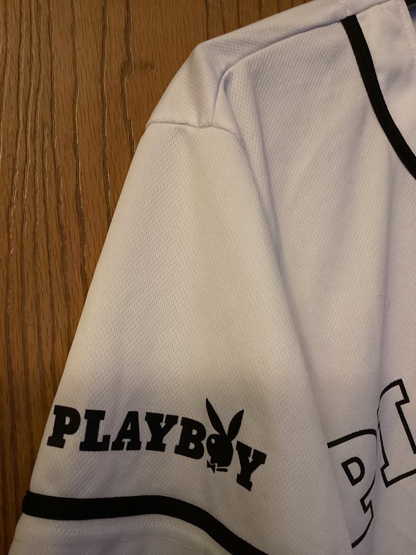 Playboy #53 - White Baseball Jersey Featuring Playboy Bunny Logo - 2 Sided - L gallery