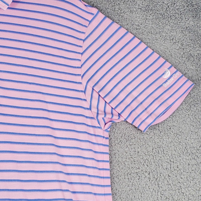 Dunning Golf Mens Polo Shirt Medium Pink Blue Striped Stretch Embroidered gallery