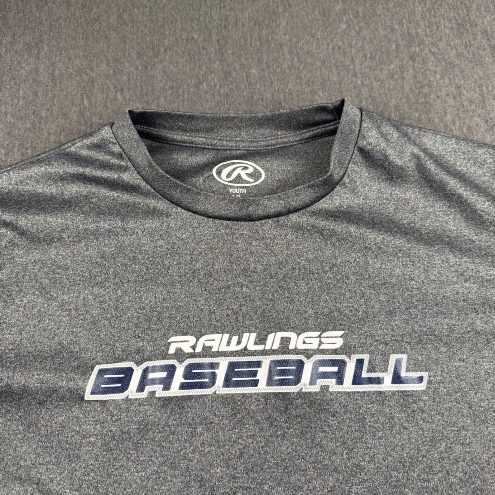 Rawlings Baseball Shirt Mens Youth XL Gray Navy Blue 3/4 Sleeve Athletic Tee gallery