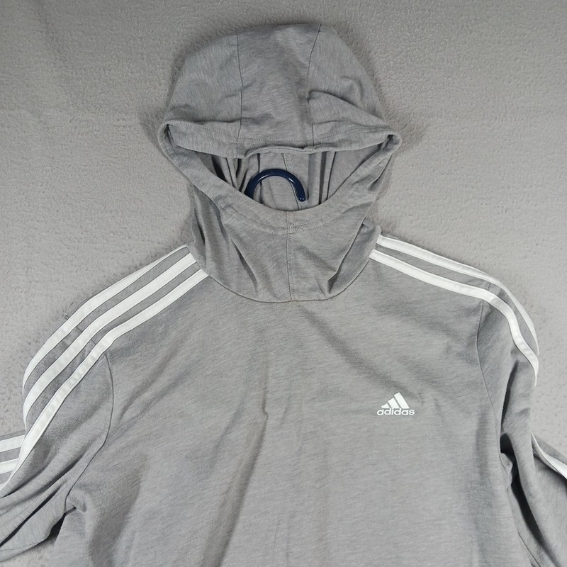 Adidas Hooded Shirt Mens Medium Gray Climalite 3-Stripes Pullover Athletic Logo gallery