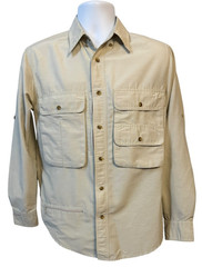 TravelSmith Mens Small Khaki Utility Travel Shirt Convertible Sleeve Hiking Fish