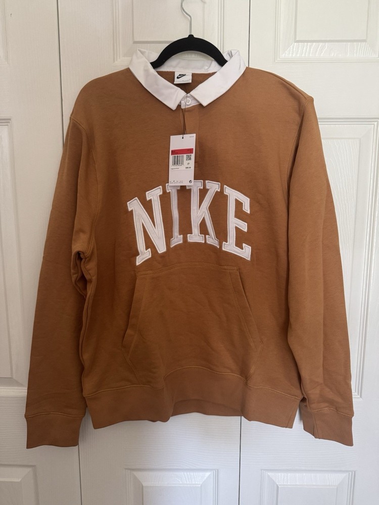 Nike Club Fleece Pullover Mens Sz L Brown Long Sleeve Fleece Polo FN3112-224