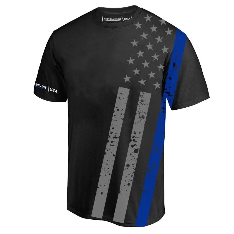 Thin Blue Line Men's Distressed American Flag Dry Wicking Tee Athletic T-Shirt gallery