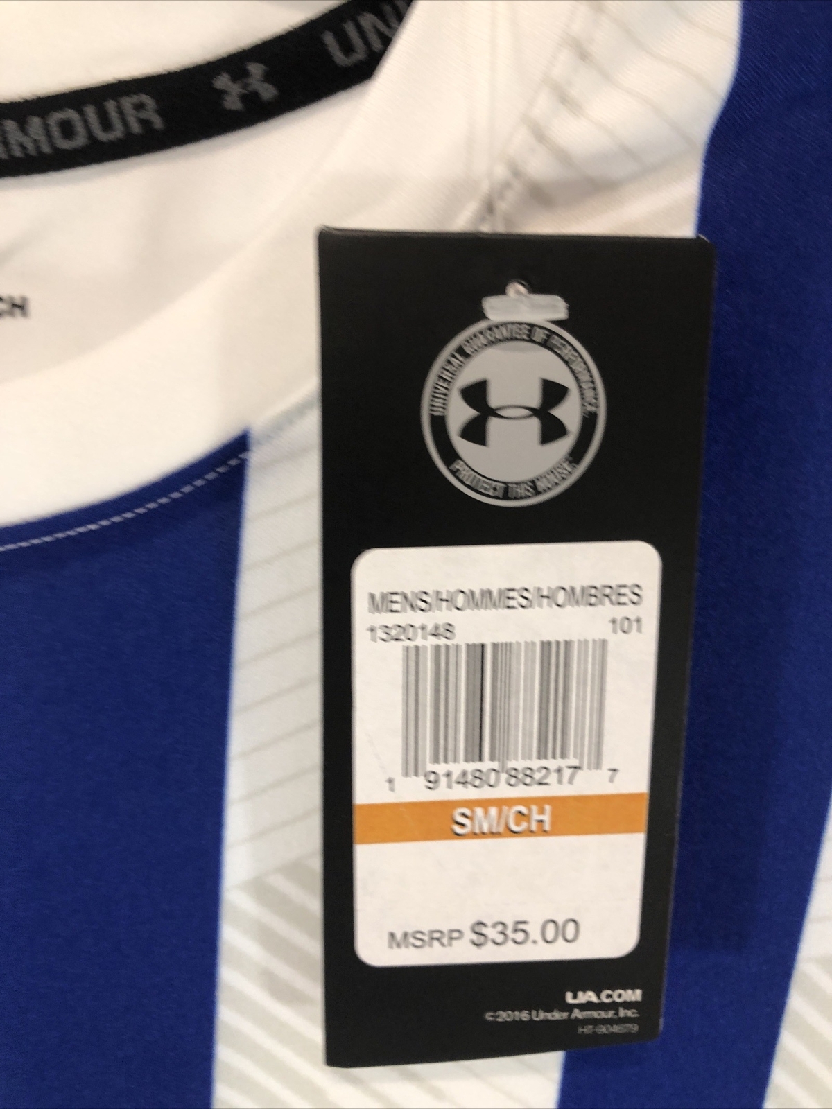 Under Armour Mens Striped Soccer Jersey Size Small Blu/Wht/Gry NWT gallery
