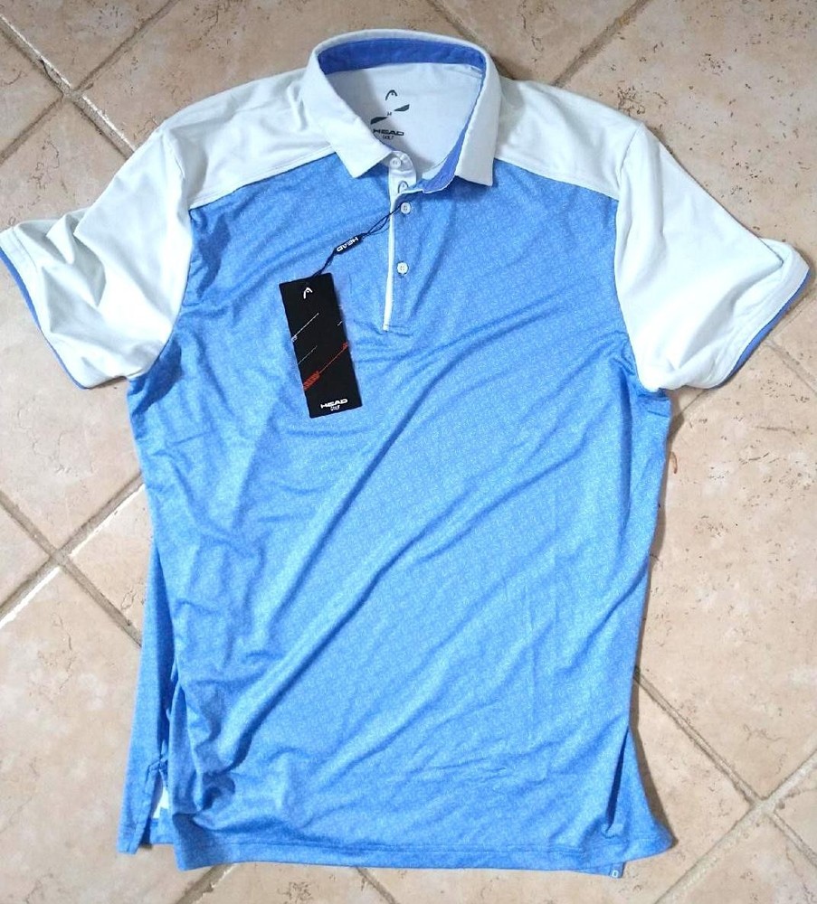 HEAD Mens Golf Polo Shirt MEDIUM Barley Blue White Wave Runner NWT Iker MSRP $79