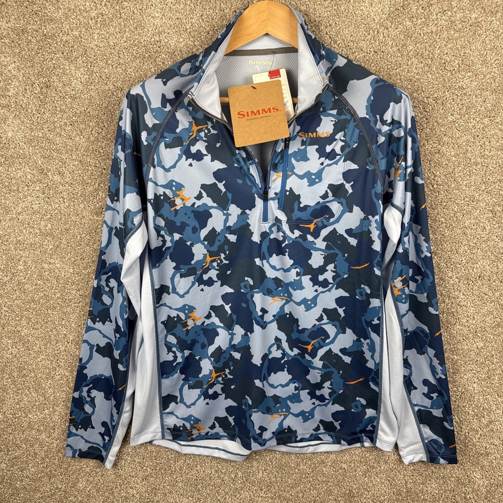 Simms Men's Medium Challenger Solar 1/2 Zip Blue Camo UPF 30+ Sun Protection NEW