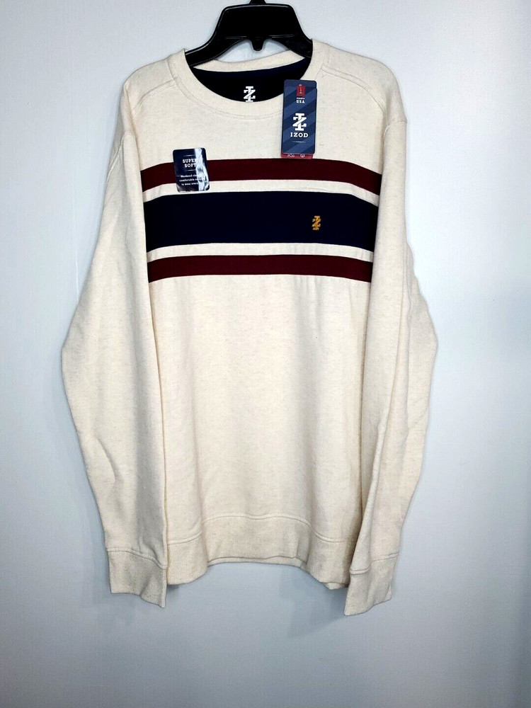 IZOD Mens Varsity SZ M Long Sleeve Sweatshirt Top Super Soft Beige Maroon Blue