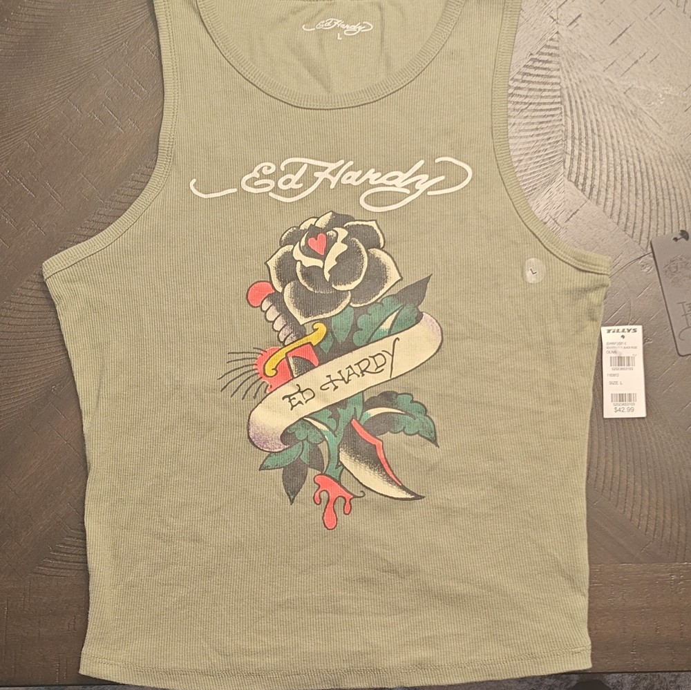 Ed Hardy Olive Black Rose Graphic Sleeveless Tank Top Men's Size L
