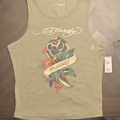 Ed Hardy Olive Black Rose Graphic Sleeveless Tank Top Men’s Size L