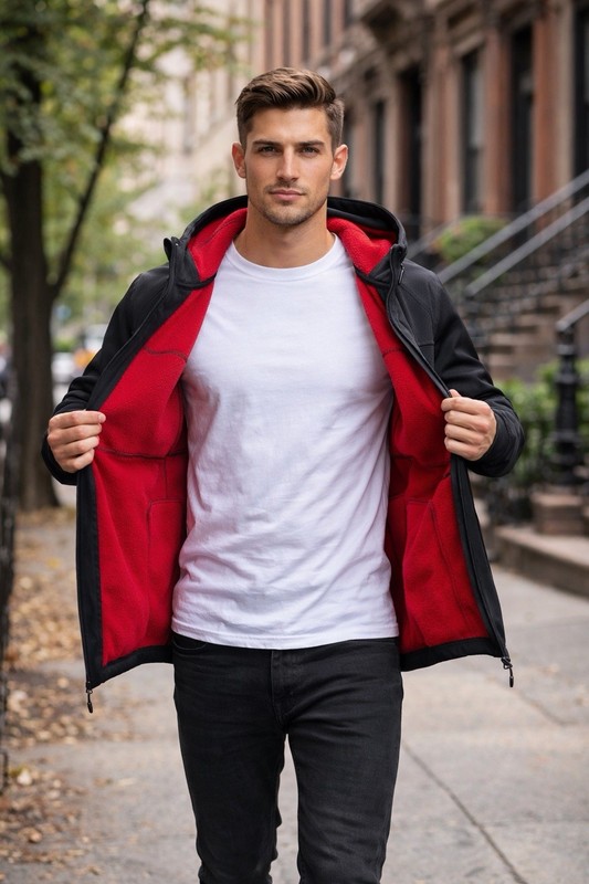 CSG Softshell Jacket Mens Large Black Red Fleece Lined Hooded Athletic Zip gallery