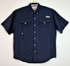 Mens Columbia size Medium Bahama II PFG Fishing Button Down Shirt Navy Blue