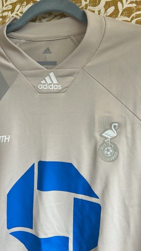 NWT KITH x Adidas Miami Flamingos Soccer Jersey Navy/Tan/Pink Sz L RARE gallery