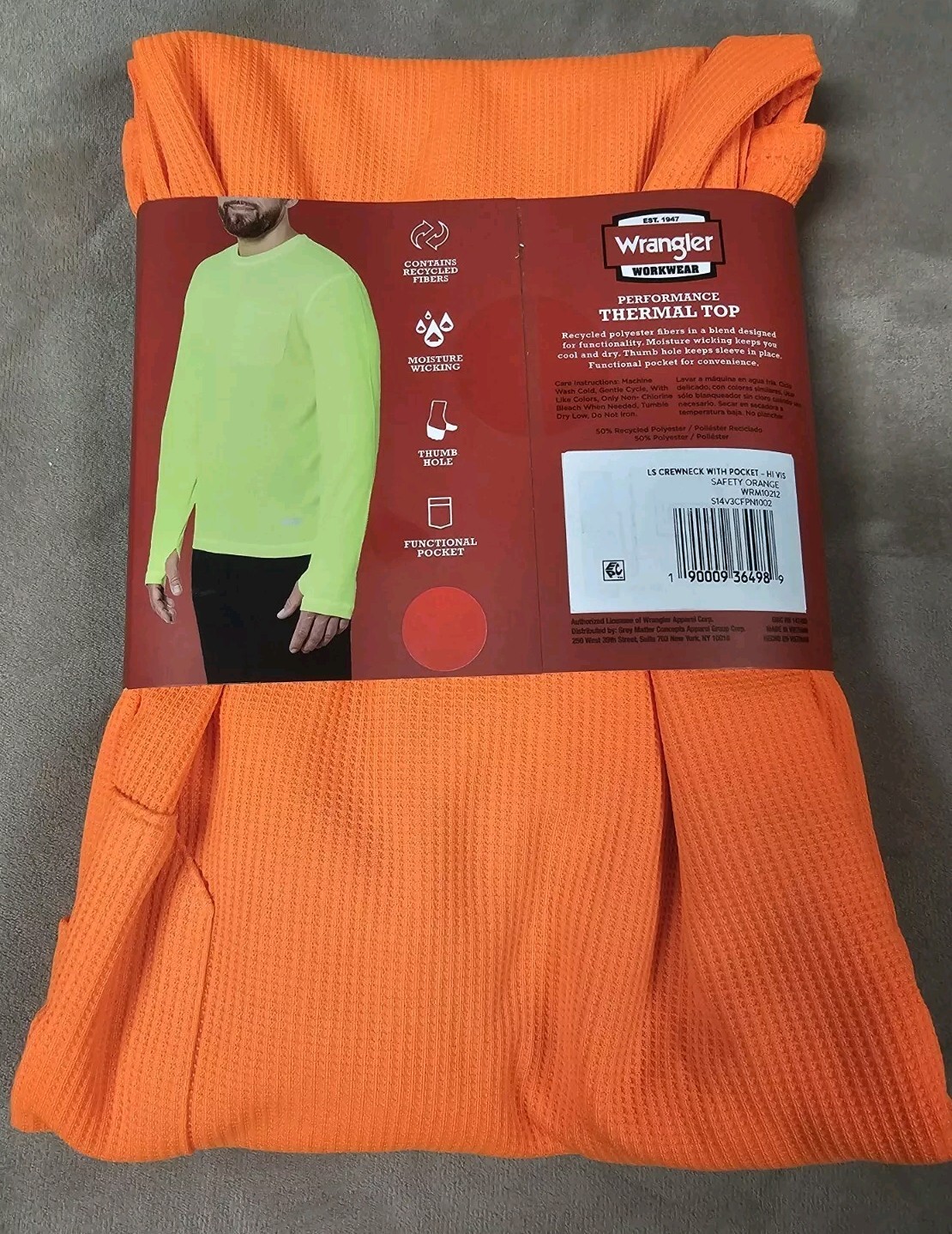 Wrangler Men's Workwear Performance Thermal Top Shirt Safety Orange Large Pocket gallery