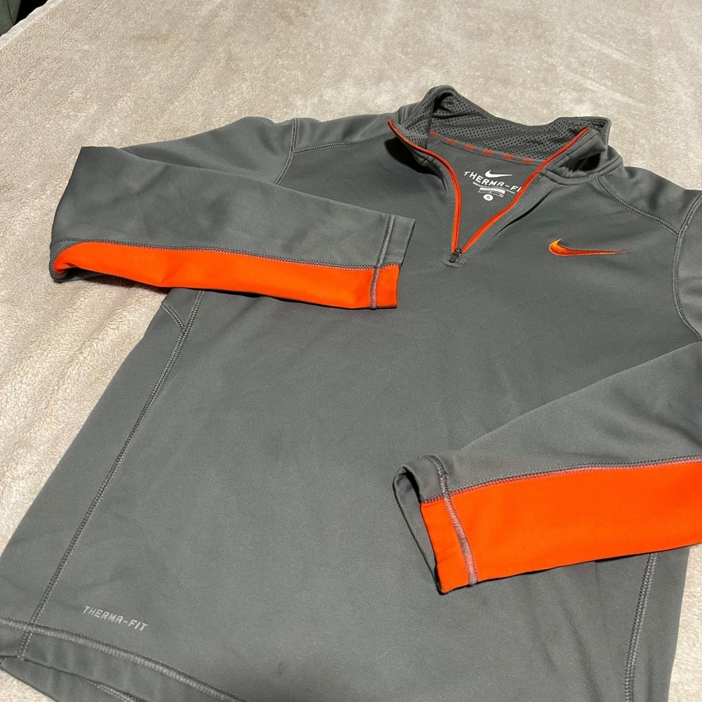 Nike Therma-FIT Mock Neck Pullover Mens S Grey Orange 1/4 Zip Training Athletic