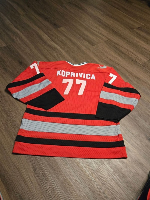 Kansas City Blades Red Hockey Jersey with Black & Gray Stripes... Large gallery