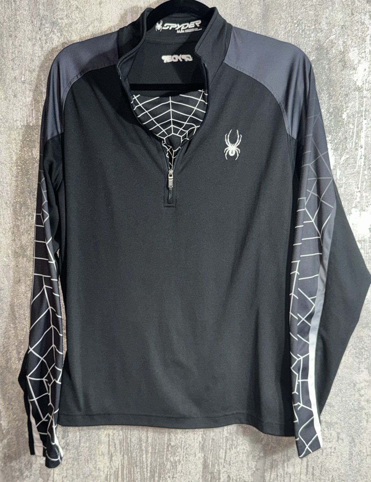 Spyder Mens Medium 1/4 Zip Performance Pullover Black Gray Spiderweb Top gallery