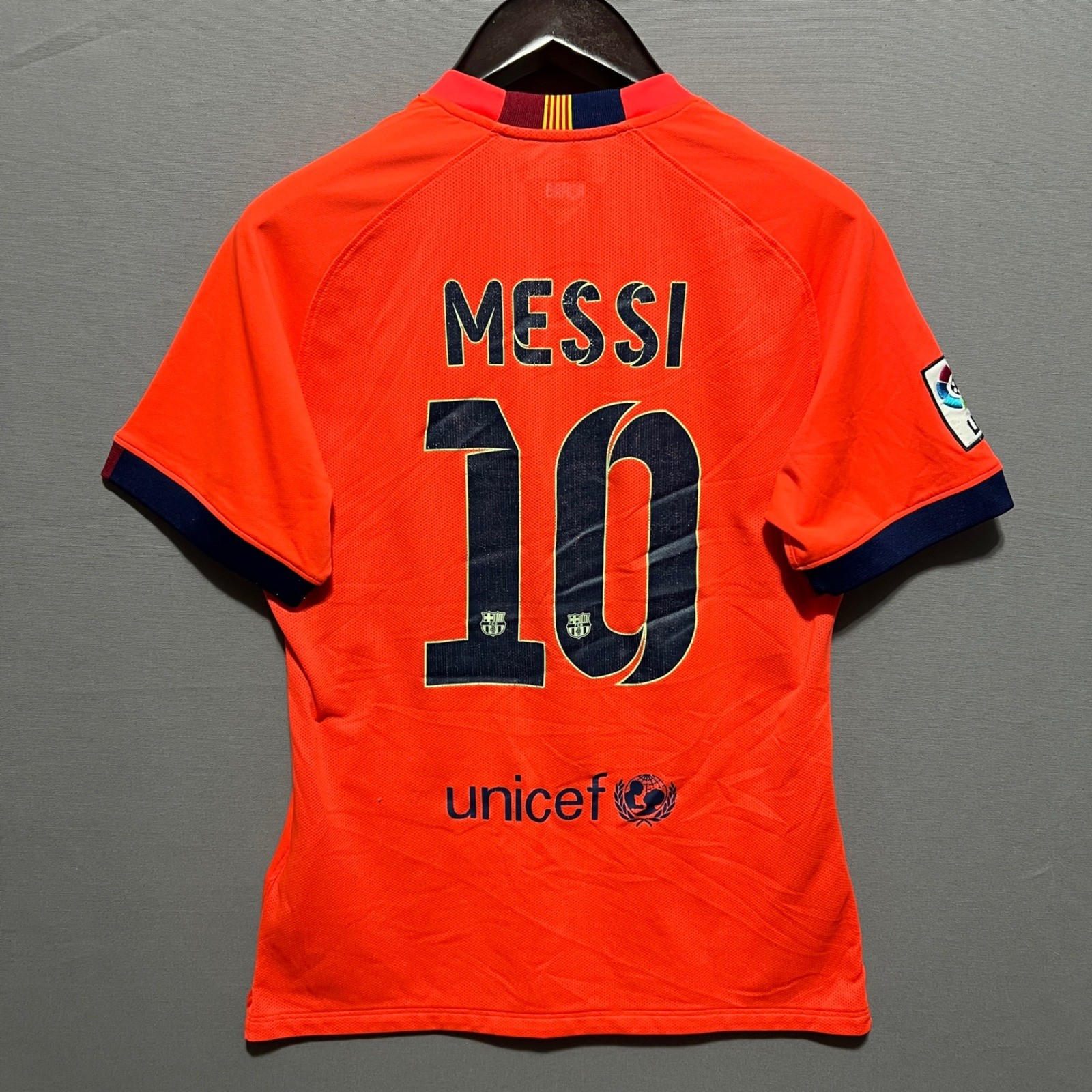 Nike FC Barcelona Messi #10 2014-15 Third Jersey Orange Authentic Mens LFP Patch gallery