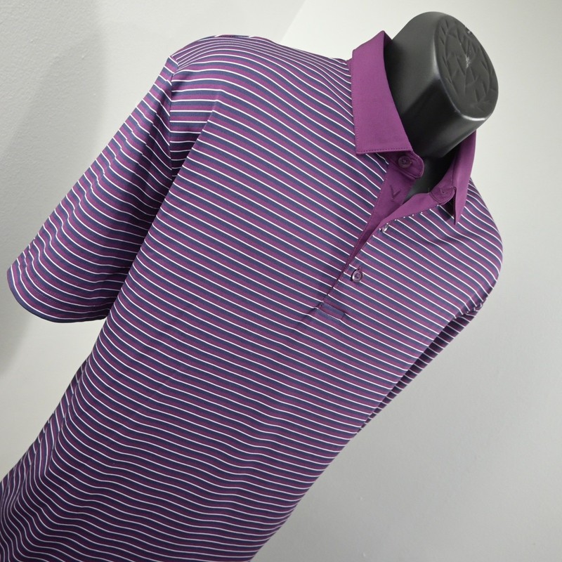 Callaway Polo Men Large Purple Striped Opti-Dri Short Sleeve Golf Shirt gallery