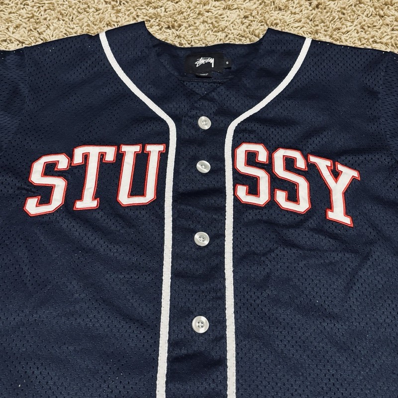Stussy Baseball Skateboard Jersey Blue Mesh Surfer Skater Spell out Y2K Small gallery