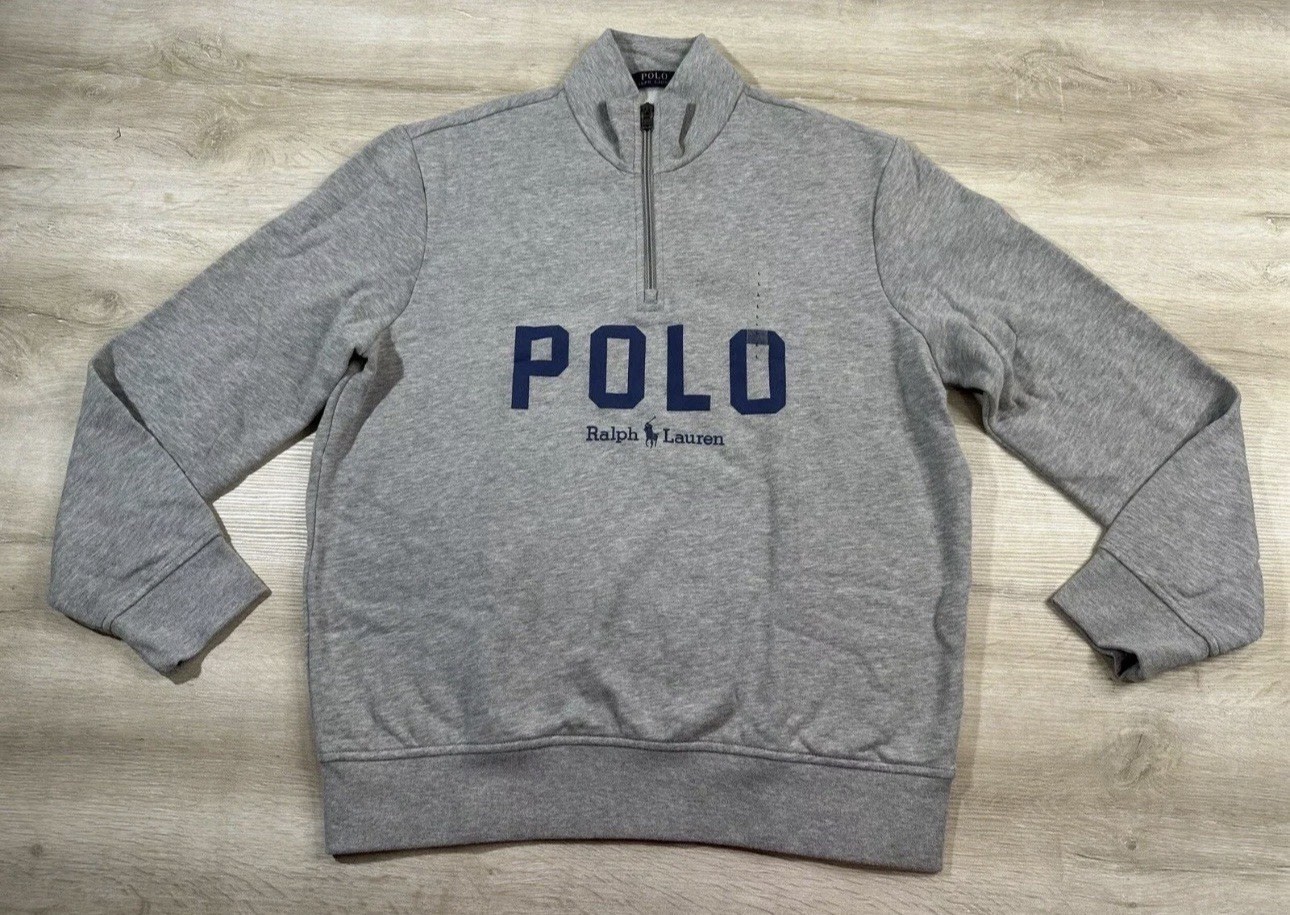NWT Polo Ralph Lauren Mens Pullover Sweatshirt S Heather Gray Blue POLO Fleece gallery
