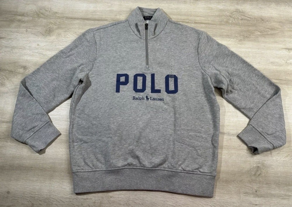 NWT Polo Ralph Lauren Mens Pullover Sweatshirt S Heather Gray Blue POLO Fleece
